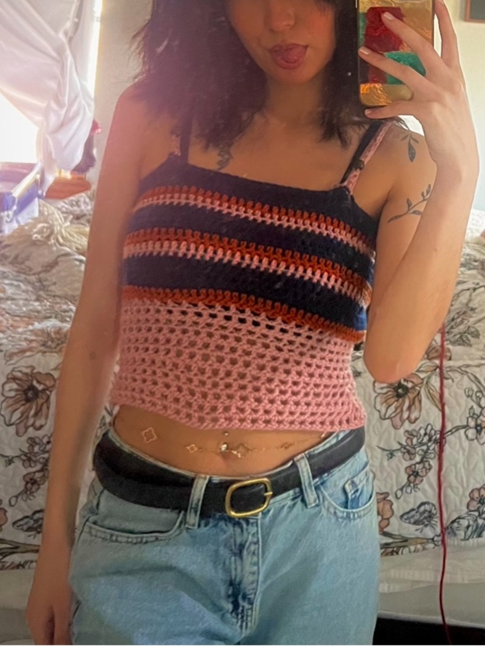 Handmade Striped Crochet Tank Top - Dark blue & Pink
